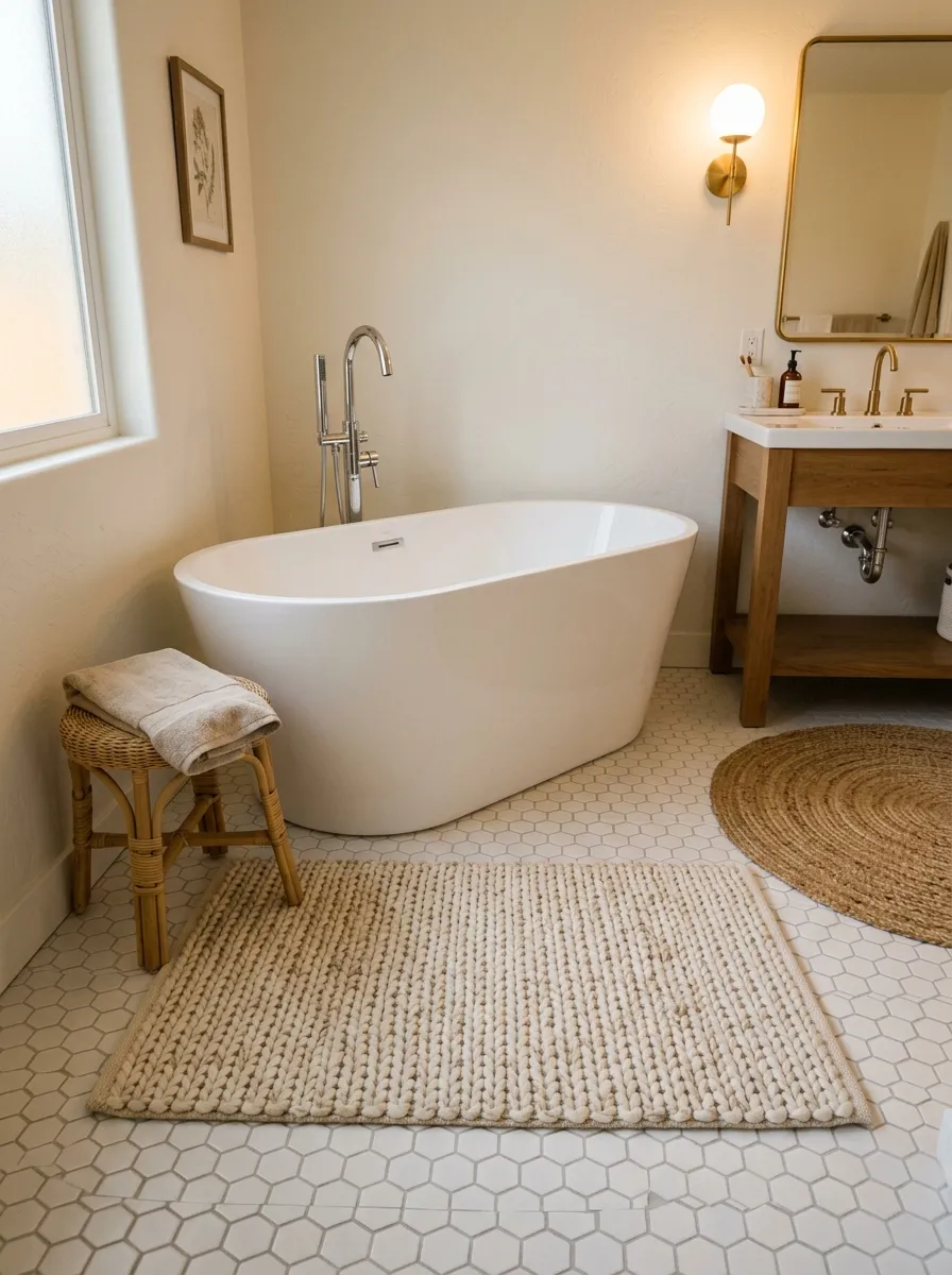 Cream woven bath mat layered with round jute rug on white hexagon tile floor in a cozy styled guest bathroom