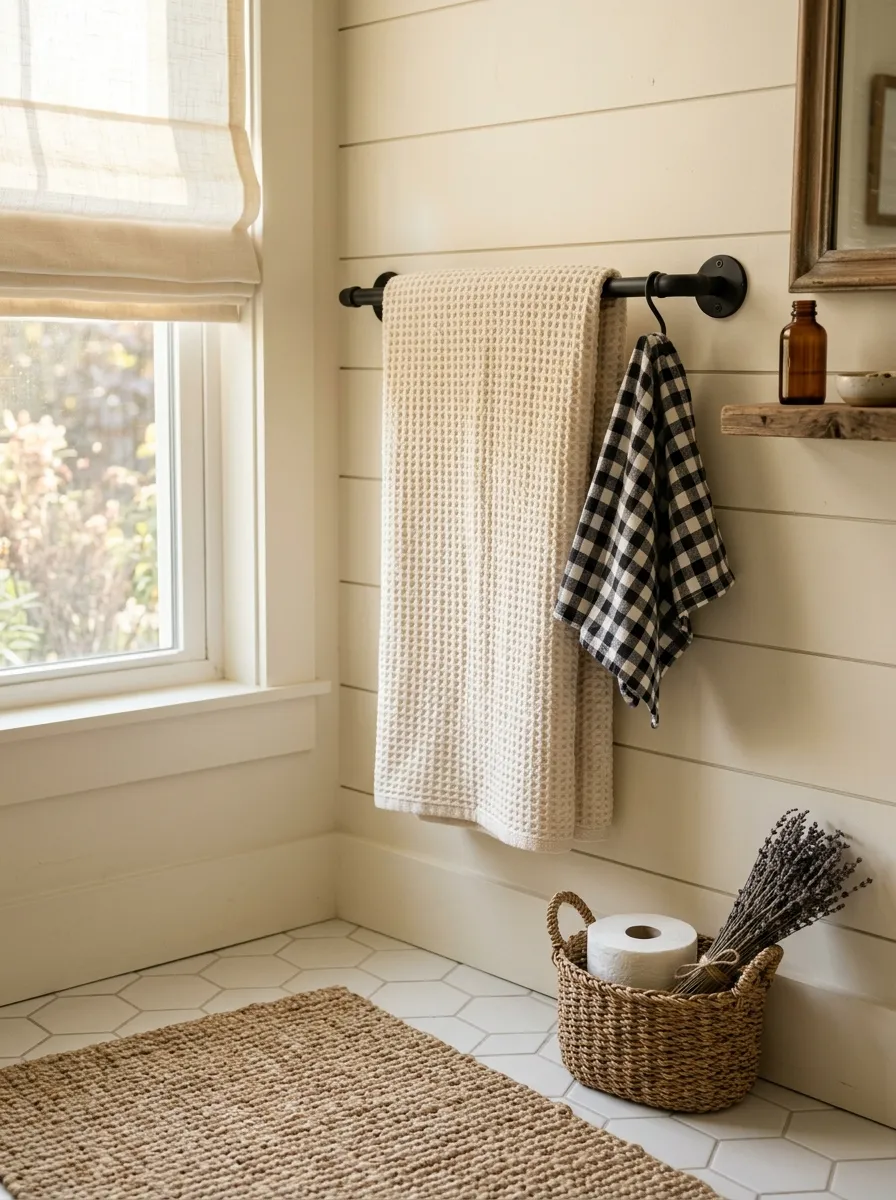 Cream waffle knit towels, buffalo check hand towel, and jute bath mat layered as textile finishing touches in a farmhouse bathroom