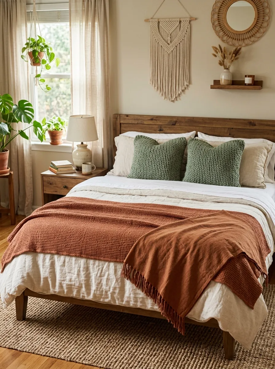 23 Curated Boho Bedroom Ideas for a Cozy, Inviting, and Effortlessly Stylish Retreat 3 Five layered textiles on a Boho bedroom bed including linen, knit, and fringe throws in terracotta and sage green tones