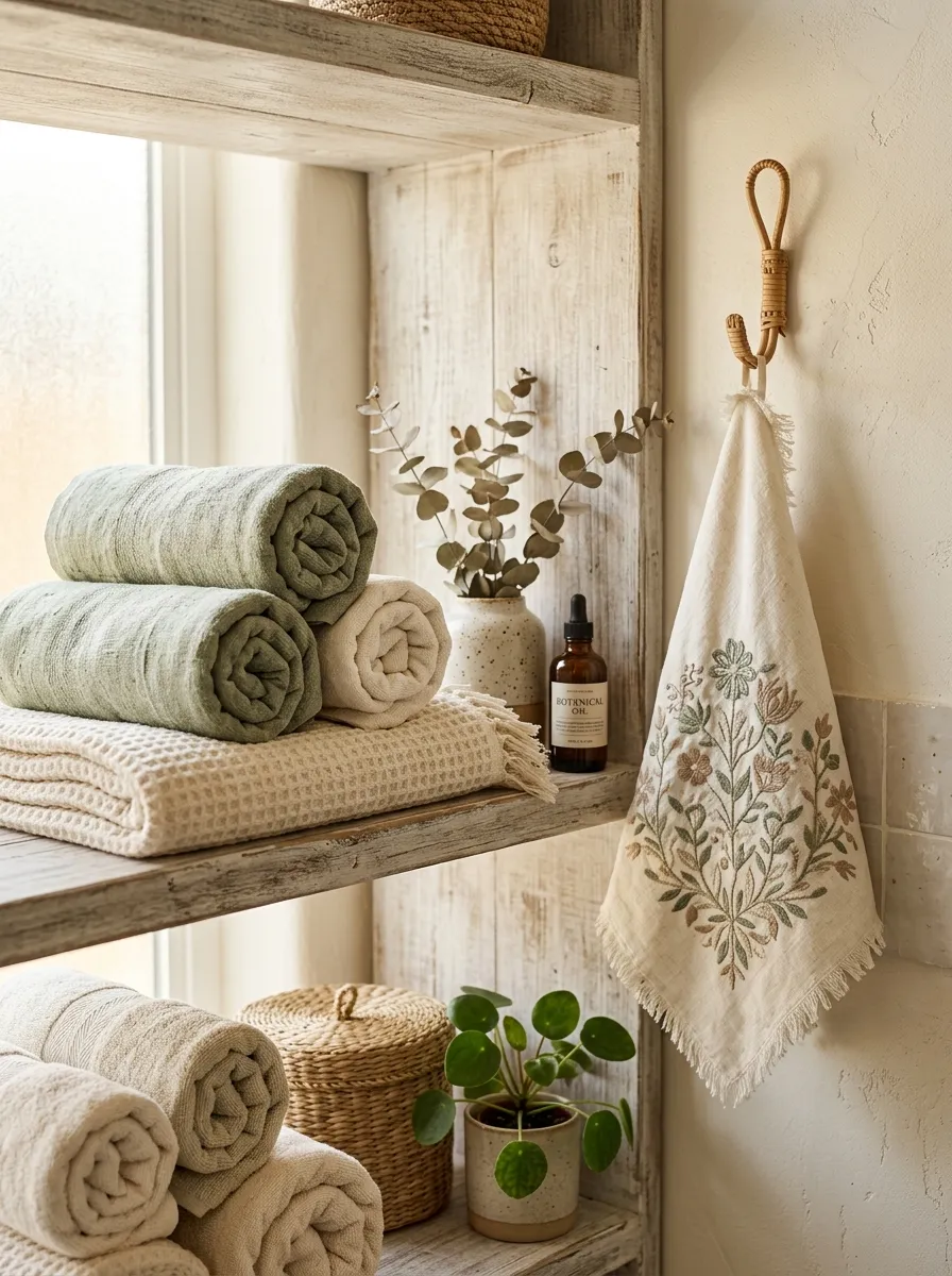 19 Boho Bathroom Ideas That Combine Soft Textures, Natural Details, and Soulful Eclectic Style 6 Open Boho bathroom shelves styled with layered linen towels in cream and sage, a waffled throw, and a hand embroidered hand towel on a rattan hook.