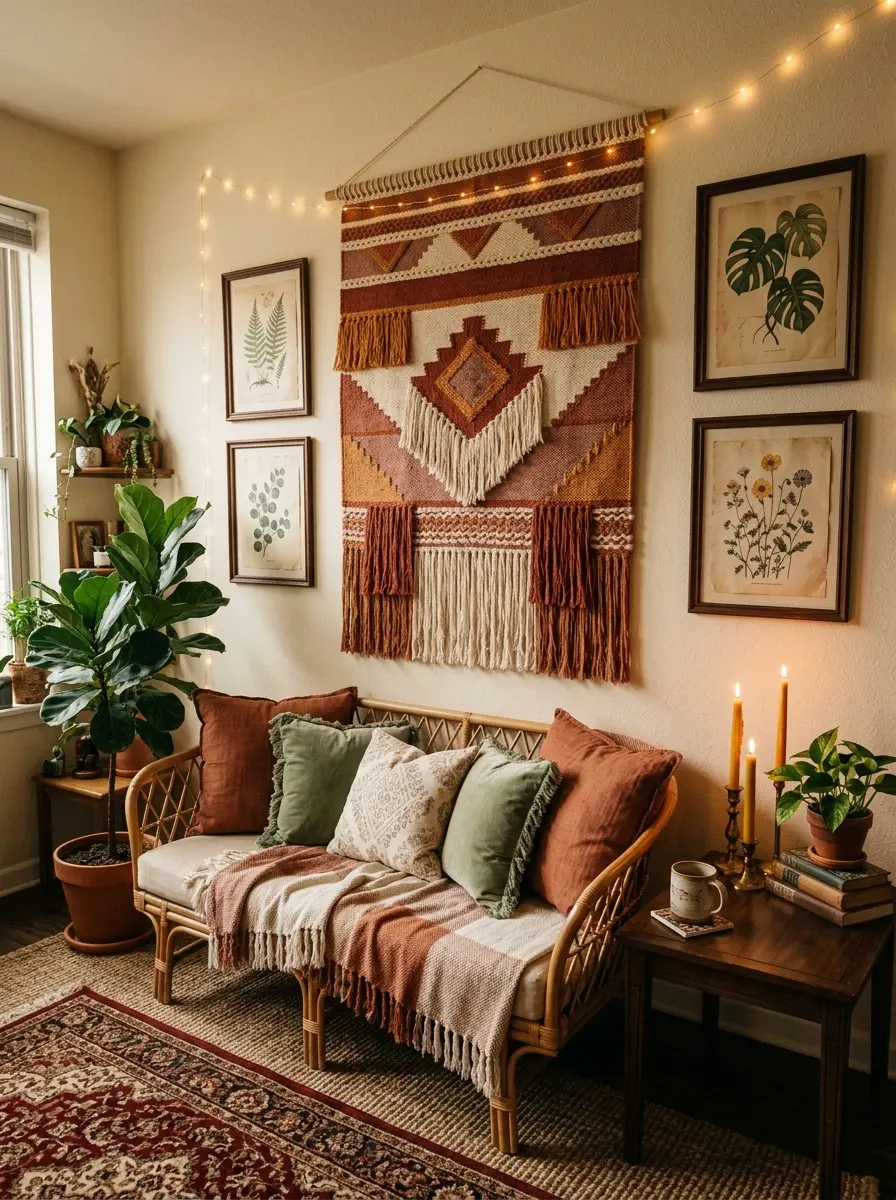 22 Boho Apartment Ideas That Turn Small Spaces Into Soulful, Cozy, and Stylish Sanctuaries 1 A Boho apartment wall styled with a large woven tapestry, botanical prints, string lights, and rattan furniture in earthy tones.