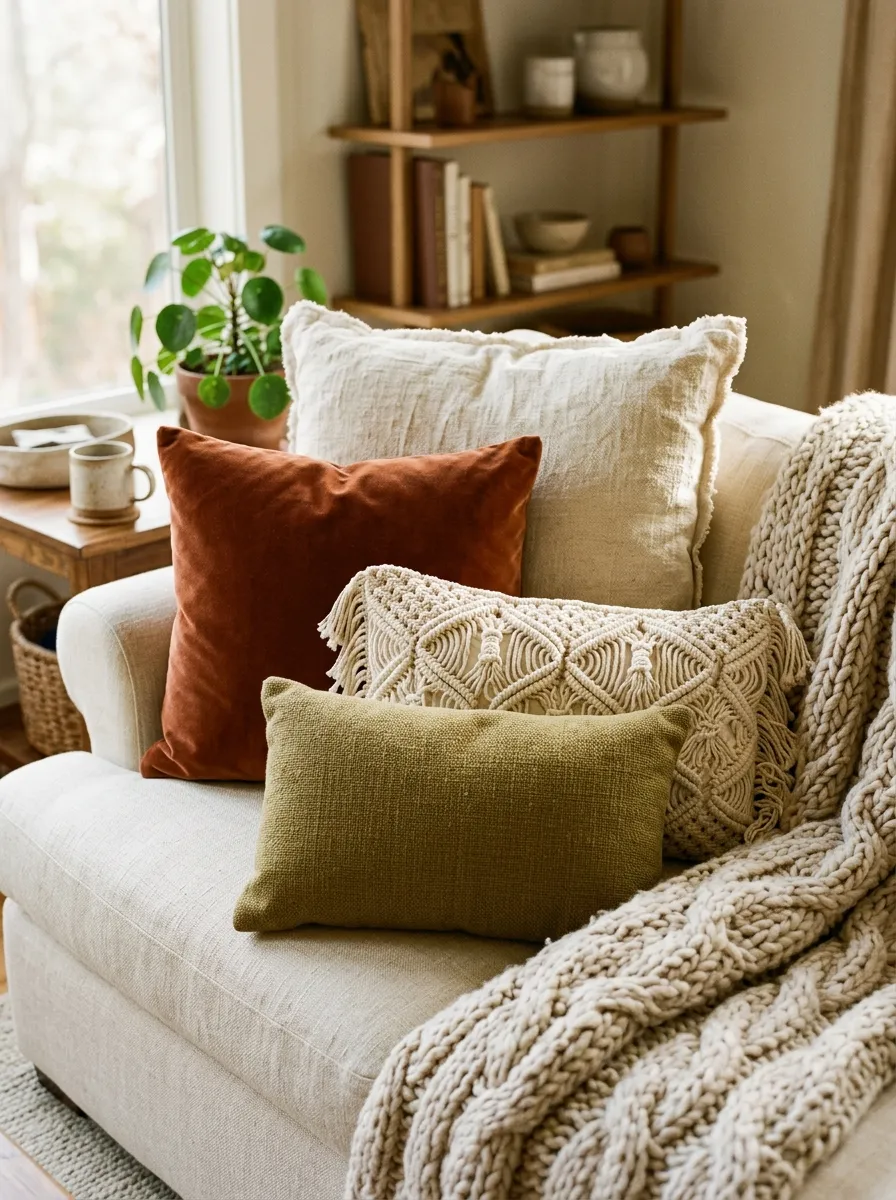 Beautifully layered Boho living room sofa with macramé, velvet, and linen throw pillows in rust, cream, and olive tones in warm afternoon light