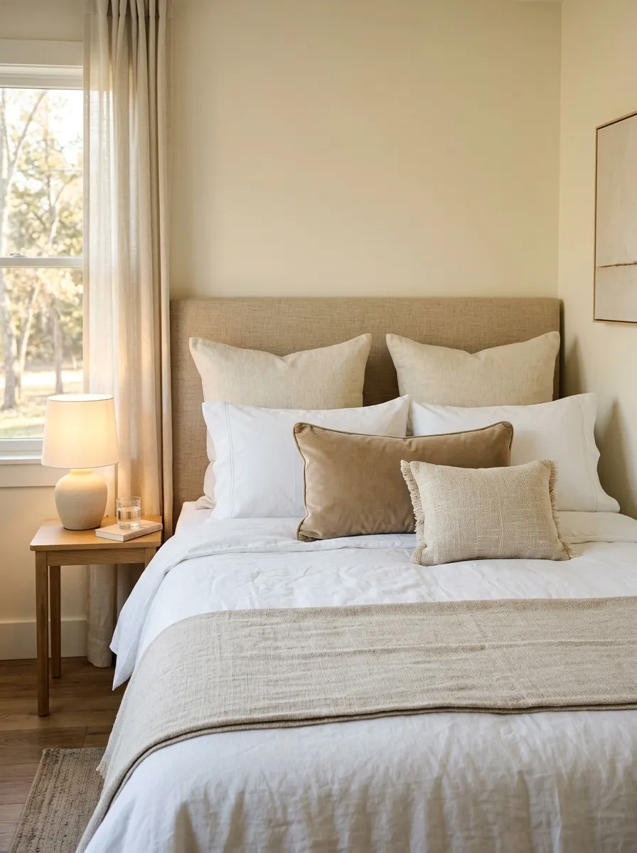 Layered ivory and oatmeal throw pillows on a linen bed in a Nancy Meyers bedroom style