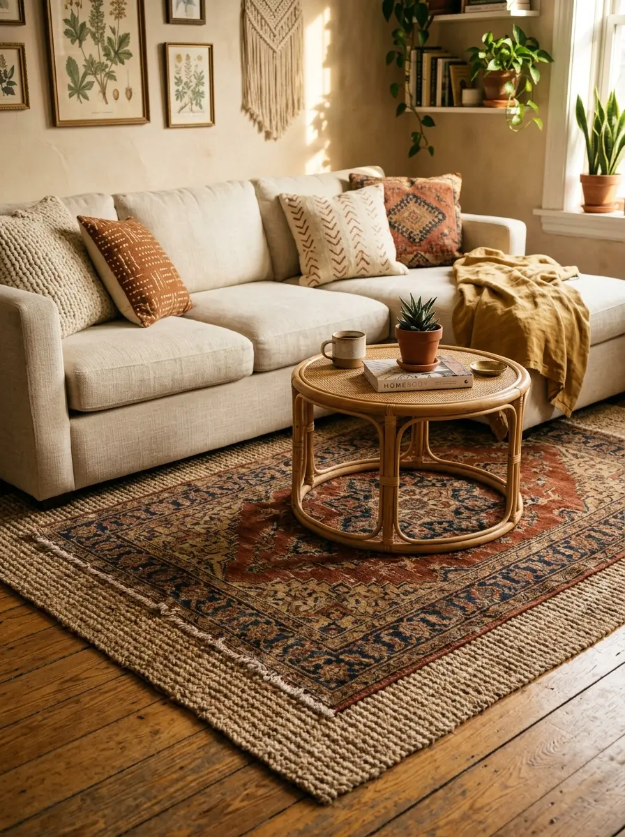 22 Boho Apartment Ideas That Turn Small Spaces Into Soulful, Cozy, and Stylish Sanctuaries 8 Two layered vintage rugs on a Boho apartment floor with a jute base rug and a Persian style patterned rug on top in warm afternoon light.