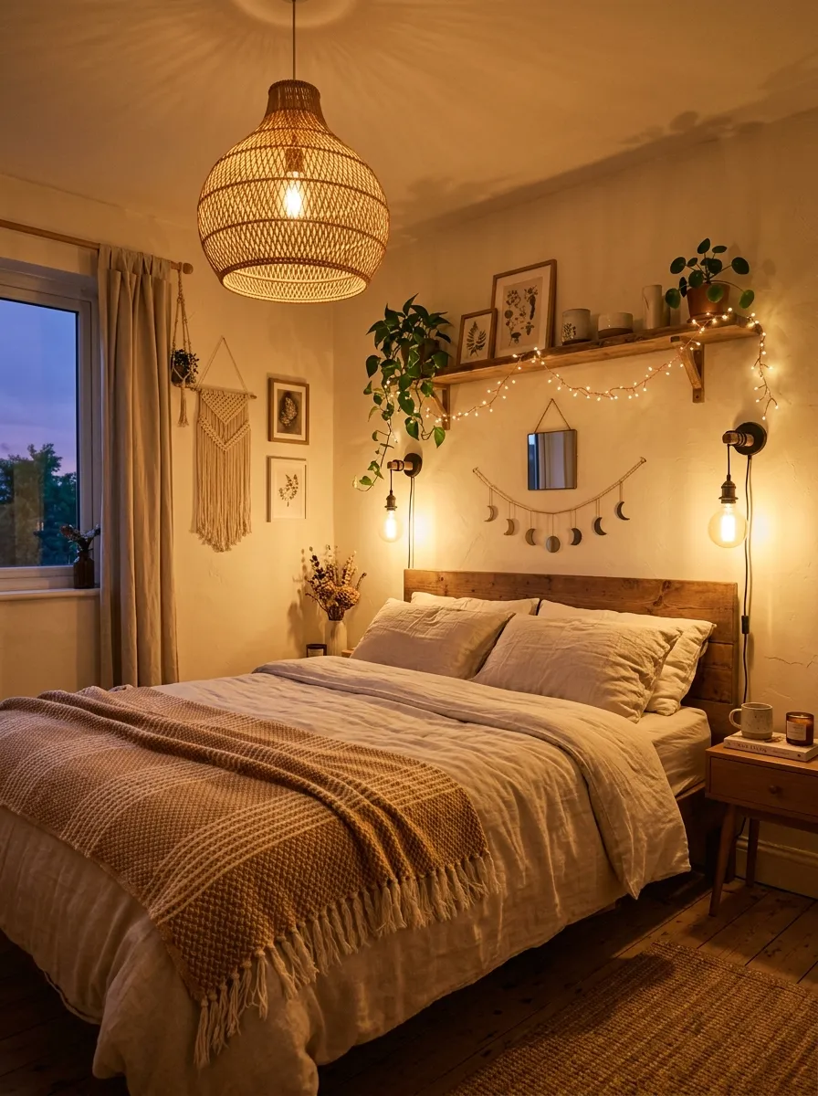 23 Curated Boho Bedroom Ideas for a Cozy, Inviting, and Effortlessly Stylish Retreat 11 Rattan pendant lamp, Edison wall sconces, and fairy lights creating warm layered lighting in a bohemian bedroom decor