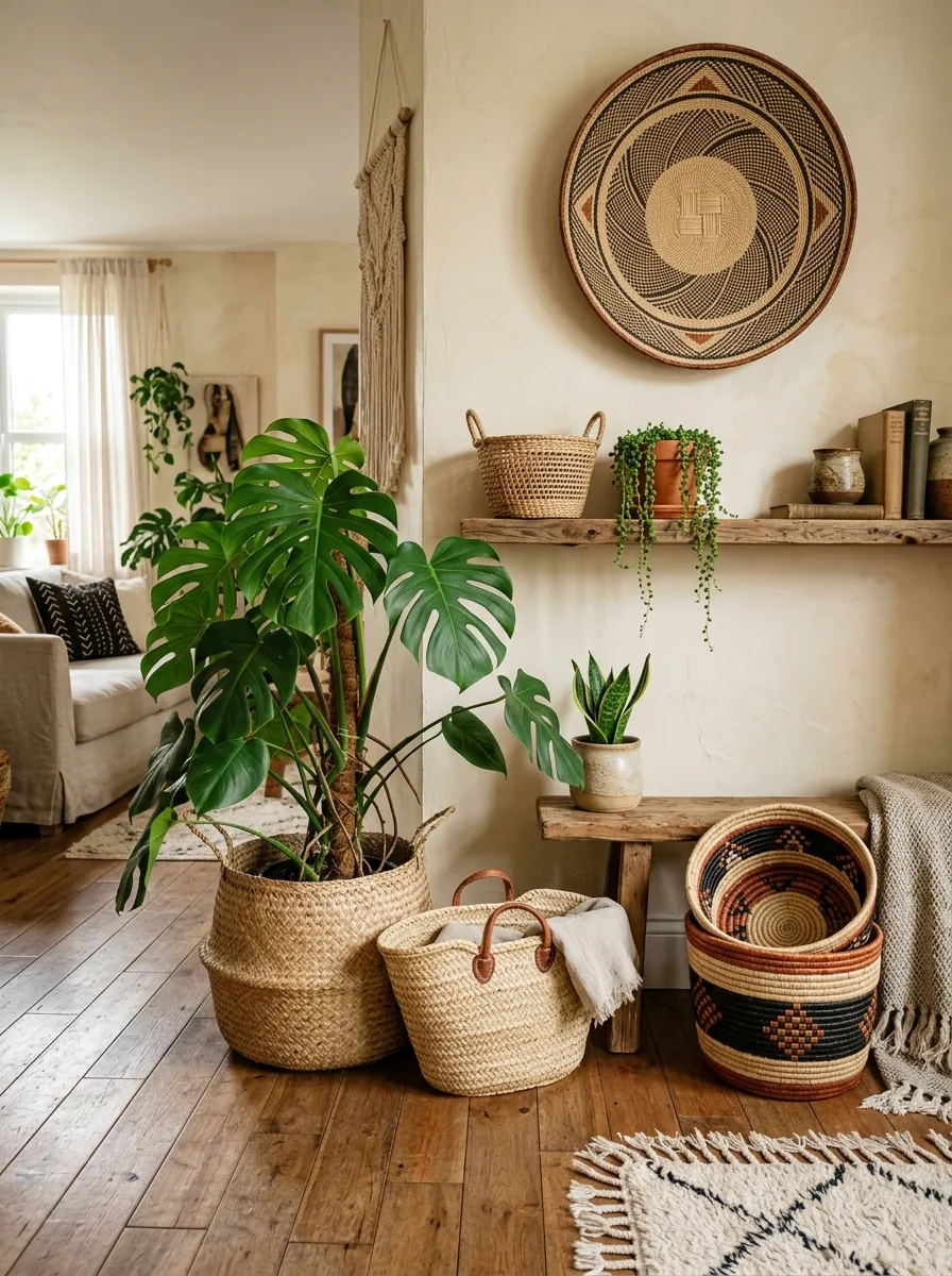23 Afro Boho Living Room Ideas That Feel Warm, Authentic, Stylish, and Truly Lived In 14 Seagrass plant basket, wall basket, and stacked raffia coil baskets in an African Boho living room