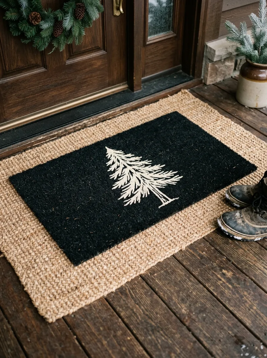 19 Winter Porch Decorating Ideas That Instantly Boost Cozy Curb Appeal All Season Long 7 Layered jute and coir doormat setup at a front entryway as part of creative seasonal porch decorating in winter