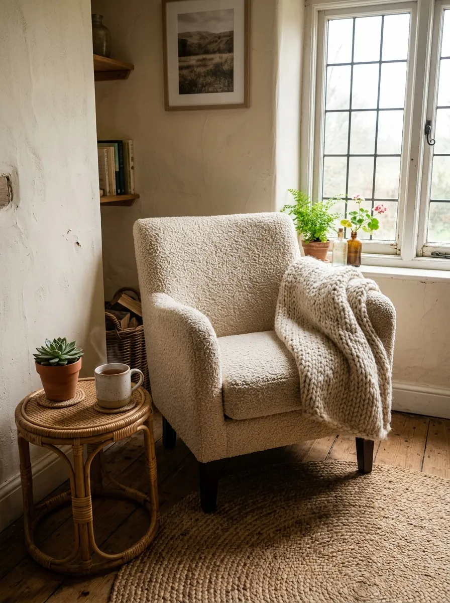 21 Earthy Cottage Decorating Ideas That Transform Your Home Into a Calm and Cozy Retreat 3 Jute rug, boucle armchair, and knitted throw layered together in a cozy rustic cottage style sitting room