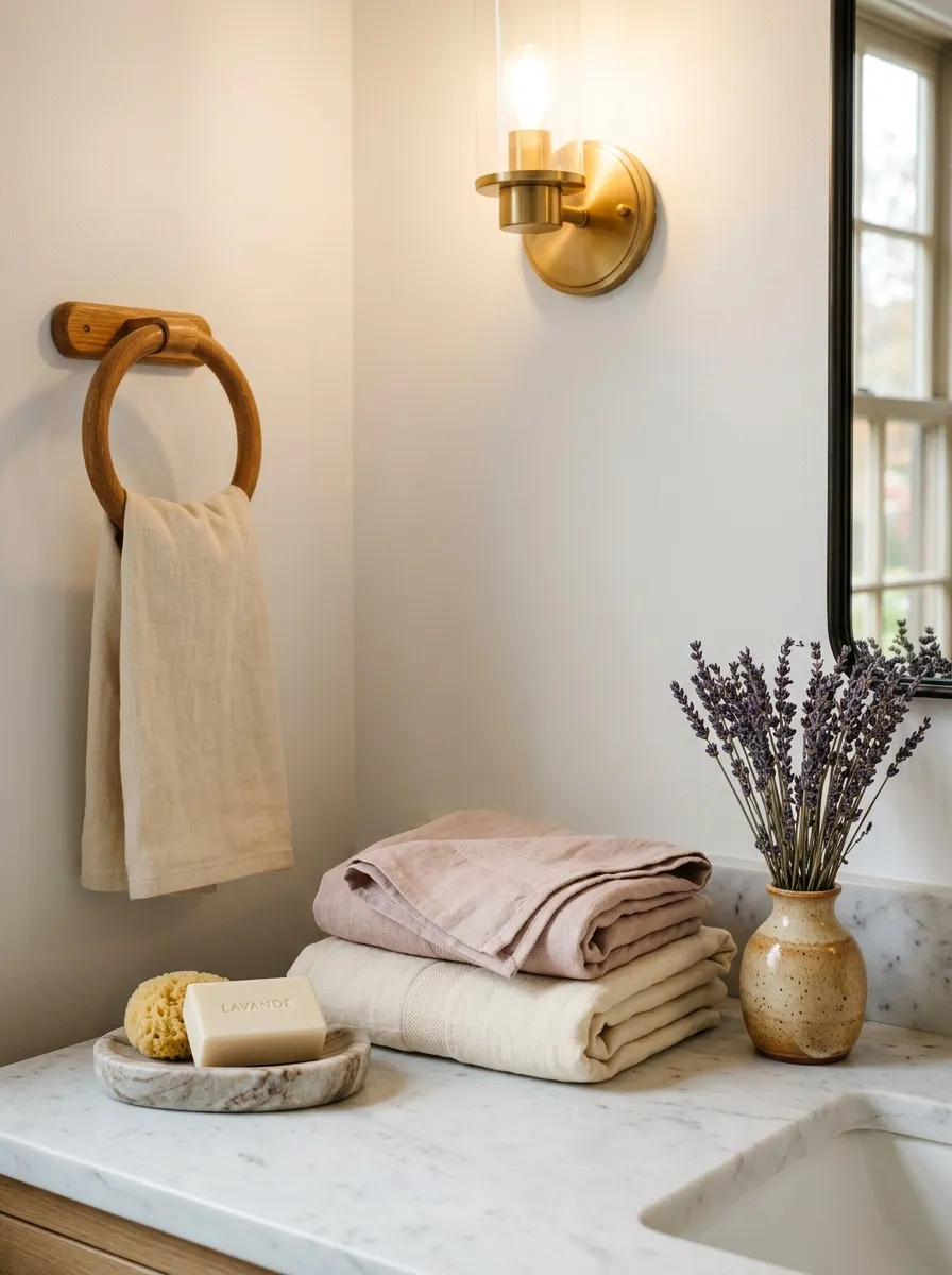 Folded linen towels in ivory and blush tones styled on a guest bathroom counter with dried lavender and marble soap dish