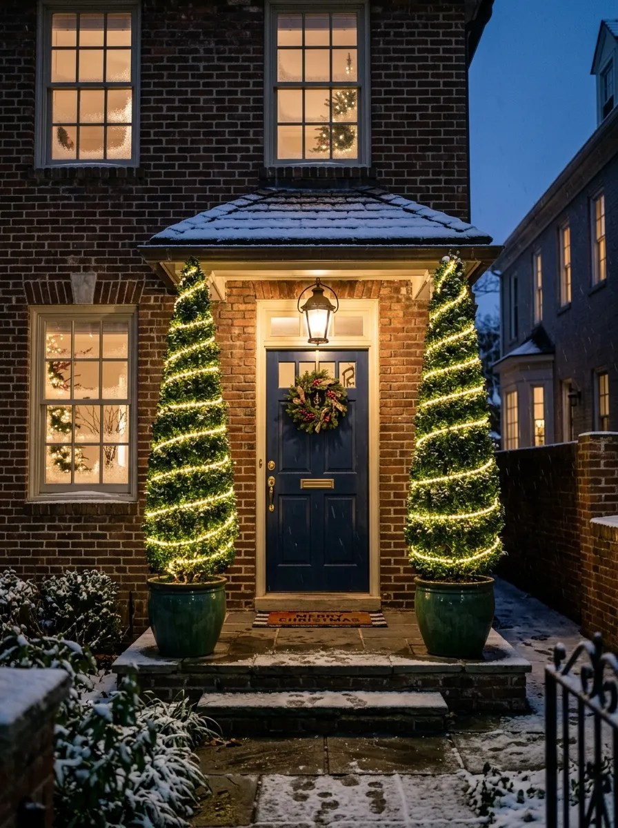 Two cone topiary trees wrapped in warm white LED lights flanking a front door as festive outdoor Christmas displays