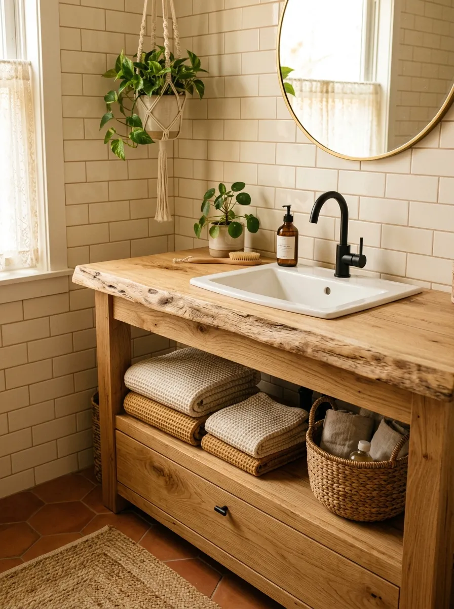 19 Boho Bathroom Ideas That Combine Soft Textures, Natural Details, and Soulful Eclectic Style 8 A live edge natural oak wood vanity with white undermount sink, matte black faucet, and open shelves in a cream subway tile Boho bathroom.