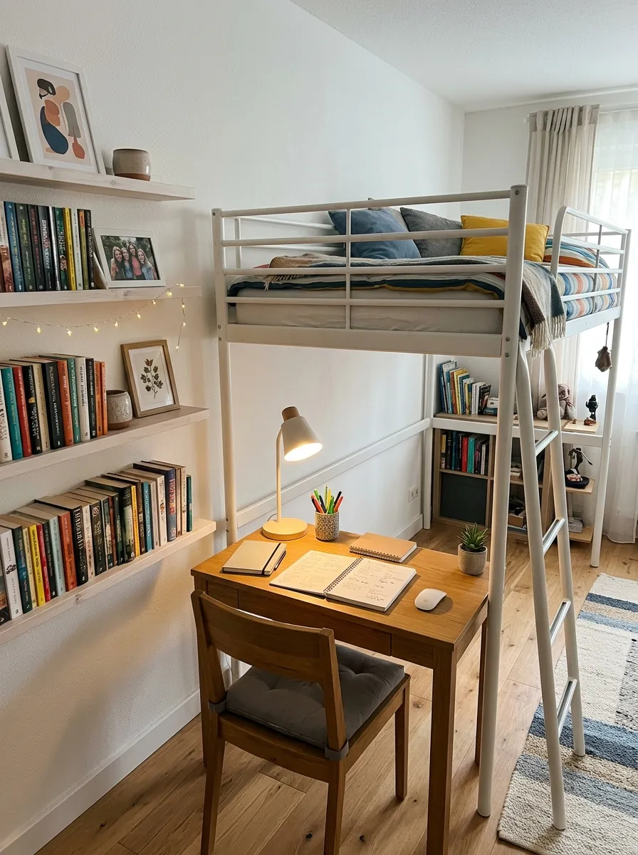 Big kids bedroom with a white loft bed and a built-in wooden study desk below, bathed in warm natural light