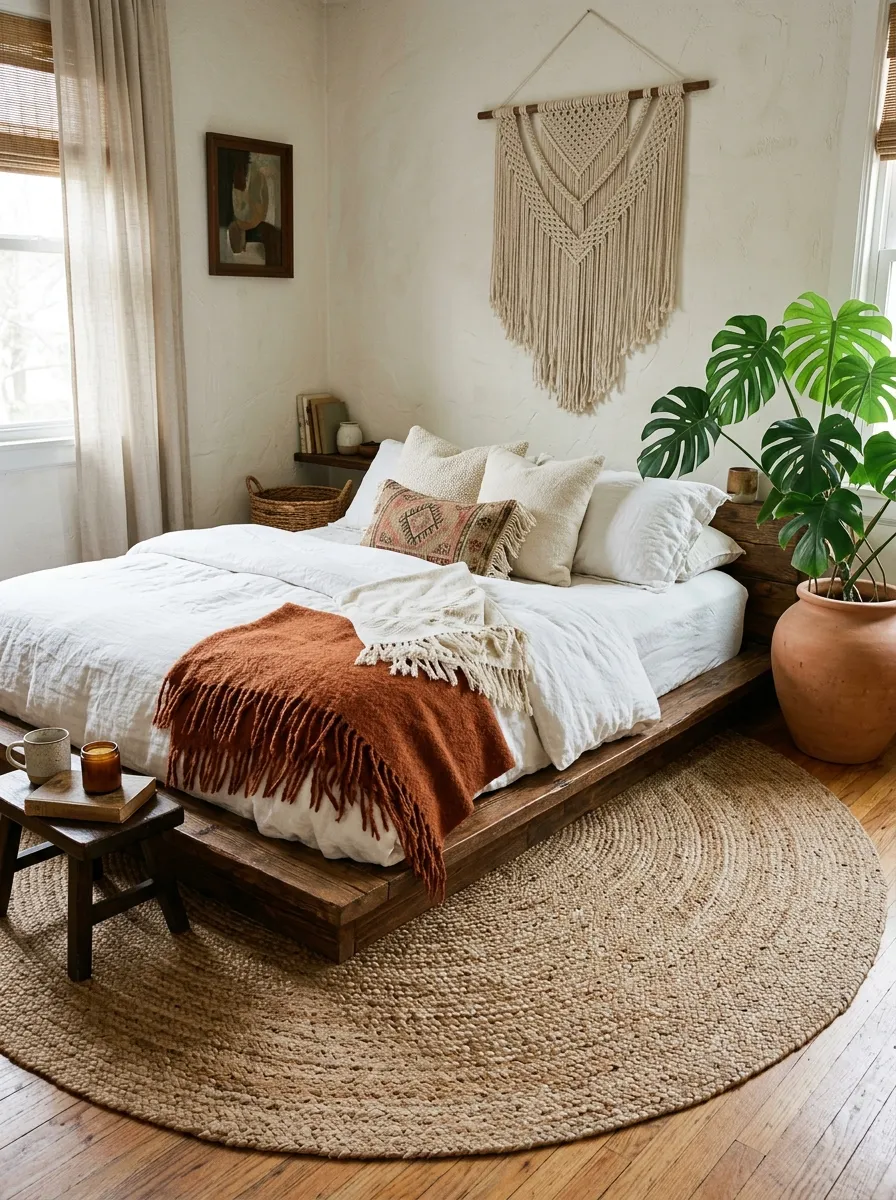 23 Curated Boho Bedroom Ideas for a Cozy, Inviting, and Effortlessly Stylish Retreat 18 Dark wood low platform bed with rust throw, neutral linen, and a monstera plant in a grounded Boho bedroom style