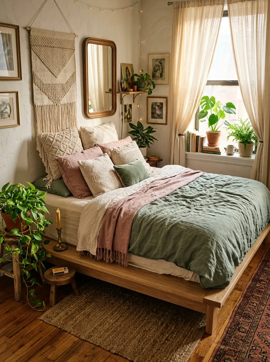 22 Boho Apartment Ideas That Turn Small Spaces Into Soulful, Cozy, and Stylish Sanctuaries 6 A natural wood low platform bed with layered linen and woven pillows in a cozy small Boho apartment bedroom with morning light.