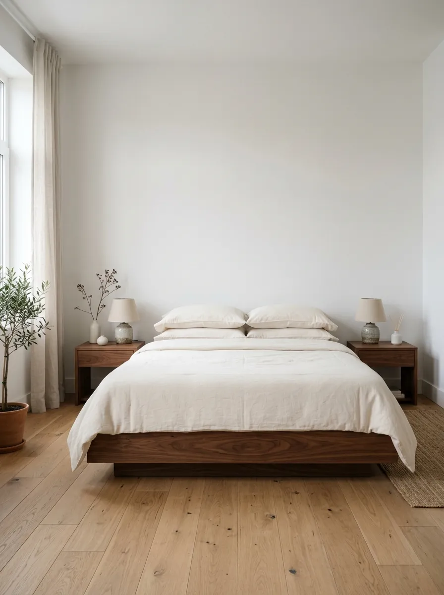 Low walnut platform bed with cream bedding in a clean modern minimalist bedroom setting