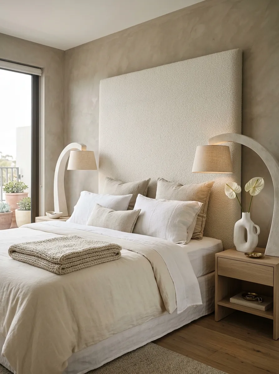 Luxurious neutral boutique bedroom with oversized boucle headboard, plaster arc lamps, and layered cream bedding for a serene opulent look
