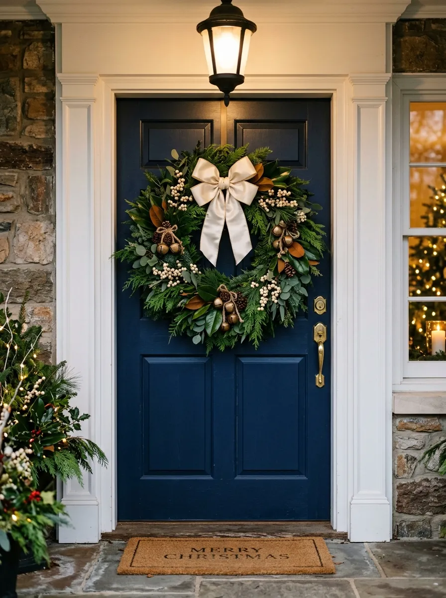 Luxury Christmas wreath with magnolia leaves, cream bow, and brass bells on a navy blue front door for sophisticated holiday decor