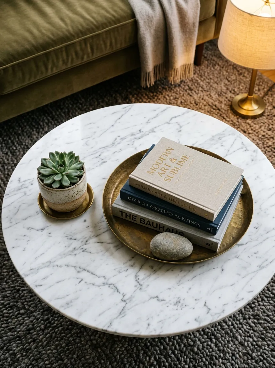 25 Luxury Living Room Ideas That Reveal the Design Details Most People Completely Overlook 16 Round marble coffee table styled with a brass tray, art books, and ceramic pot in a luxury living room focal point