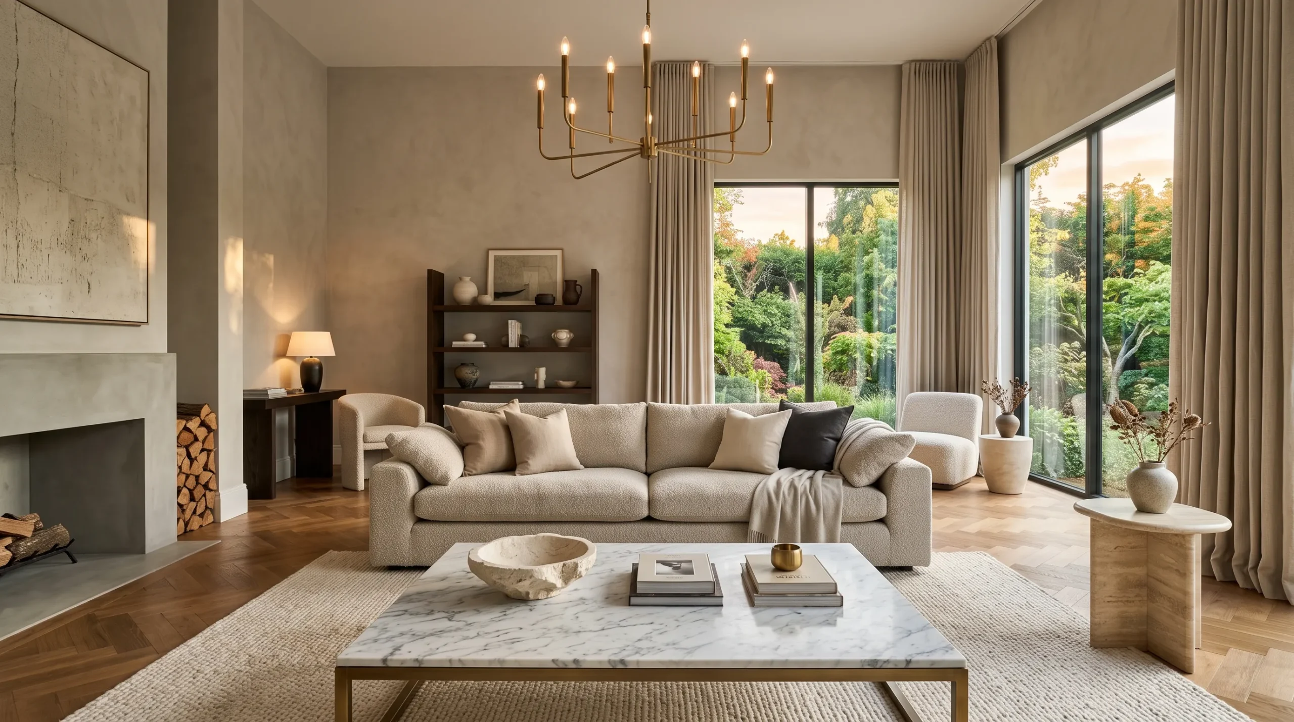 25 Luxury Living Room Ideas That Reveal the Design Details Most People Completely Overlook 2 Warm modern luxury living room with bouclé sofa, marble coffee table, brass chandelier, and floor to ceiling linen drapes