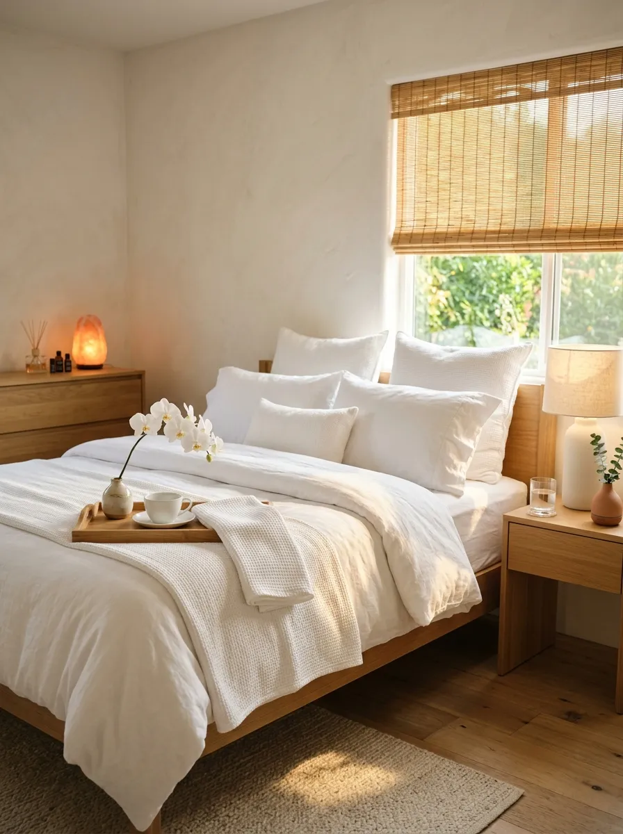 Luxury spa retreat boutique bedroom with white hotel bedding, bamboo shades, orchid, and salt lamp for a deeply serene restorative feel