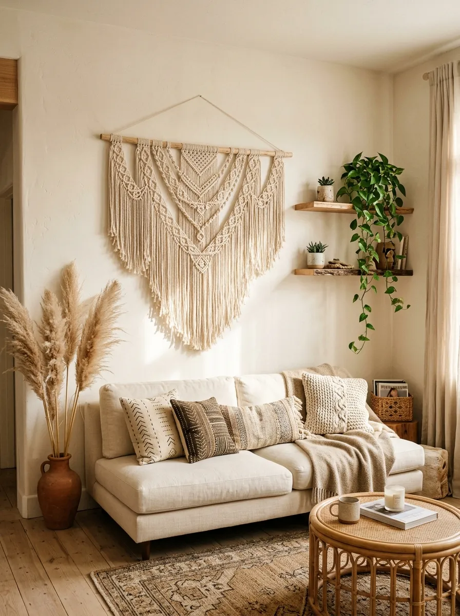 Boho living room with large handmade macramé wall hanging above cream sofa, dried pampas grass, and warm natural window light