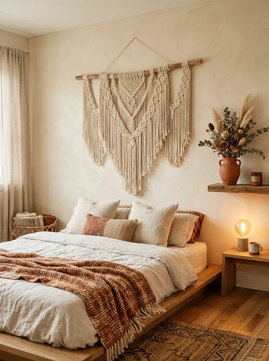 23 Curated Boho Bedroom Ideas for a Cozy, Inviting, and Effortlessly Stylish Retreat 2 Large cream macramé wall hanging above a platform bed with warm Edison lighting in a bohemian bedroom decor setup