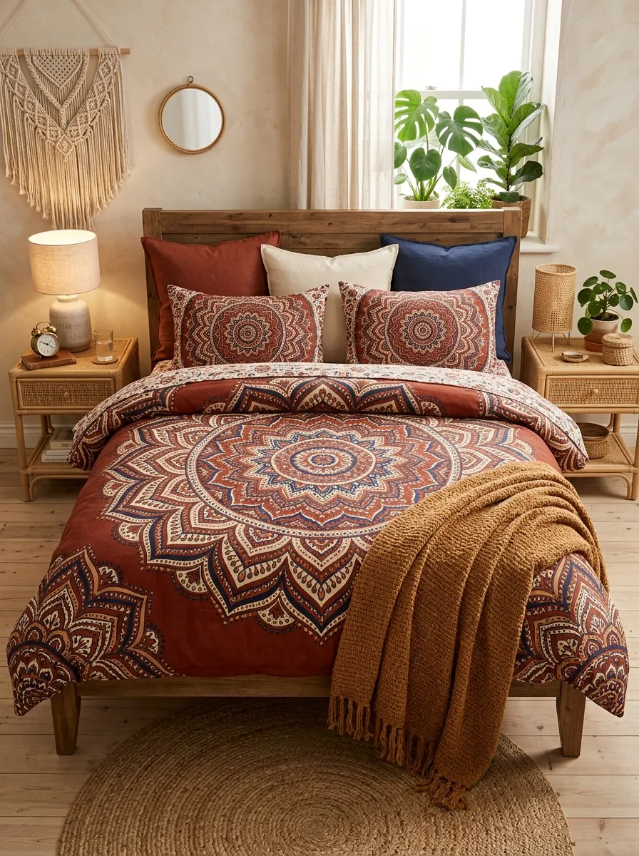 23 Curated Boho Bedroom Ideas for a Cozy, Inviting, and Effortlessly Stylish Retreat 14 Mandala patterned rust and cream Boho bedding with coordinating solid pillows and caramel throw on a bedroom bed