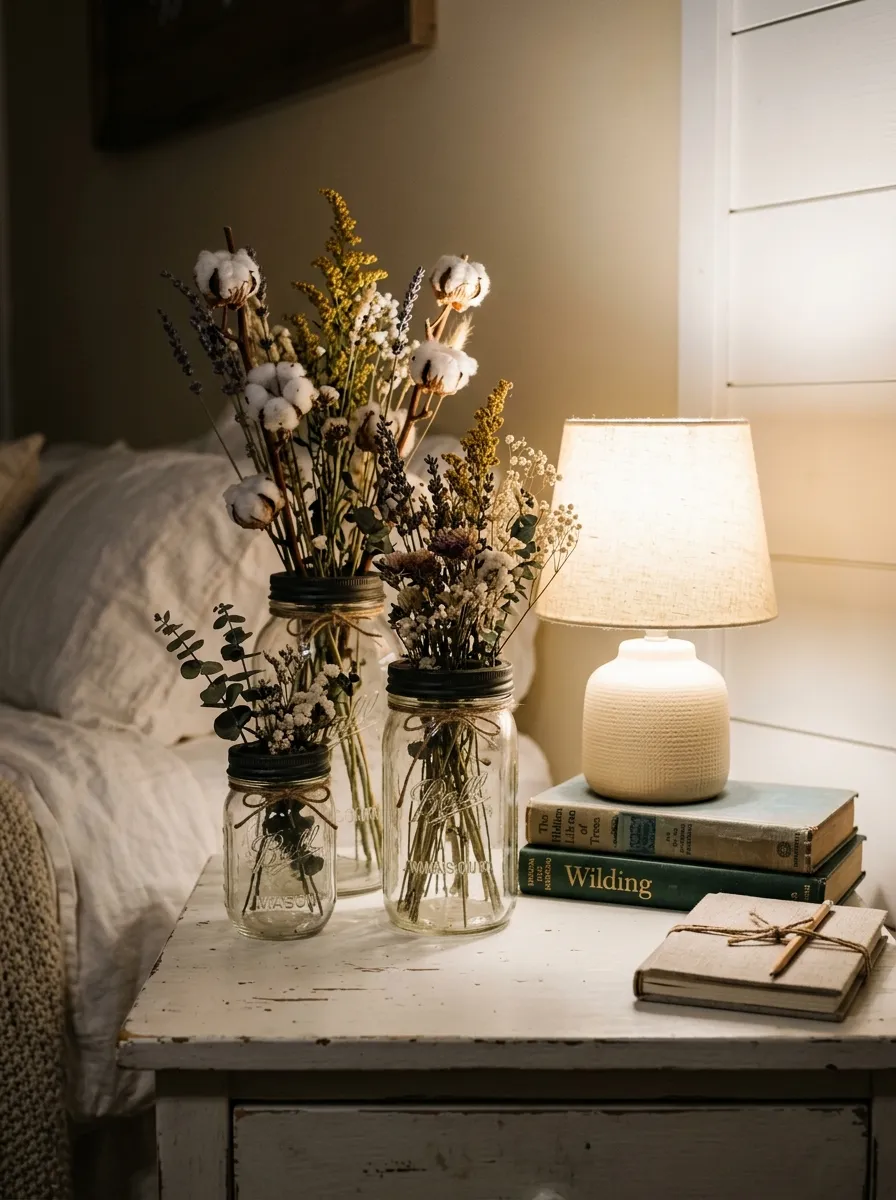 Three mason jars with dried wildflowers and cotton stems styled on a white distressed farmhouse bedroom nightstand