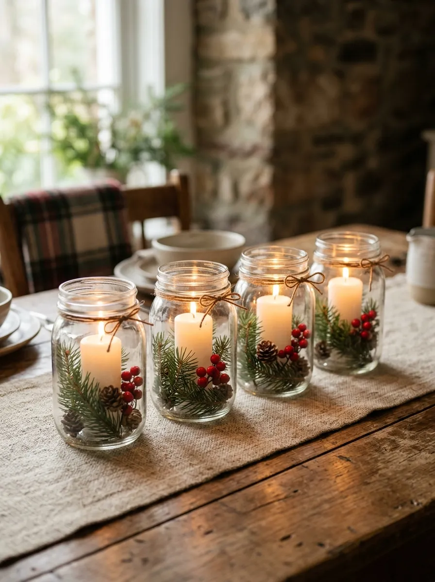 Row of mason jars with candles and pine sprigs creating cozy festive DIY centerpieces on a linen runner