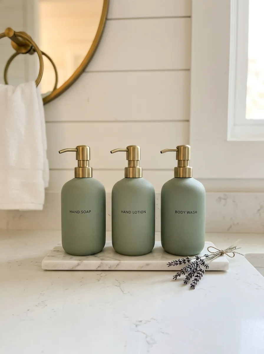 17 Bathroom Counter Styling Ideas for an Instant Aesthetic Glow Up That Looks Expensive 7 Vanity counter decor with matching sage green ceramic pump dispensers in a row on white marble tray