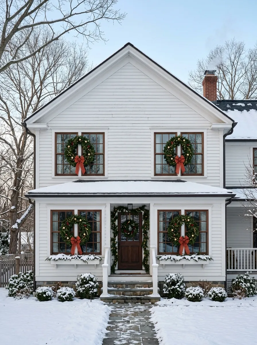 Matching evergreen window wreaths with red bows on a white farmhouse exterior as outdoor holiday decor
