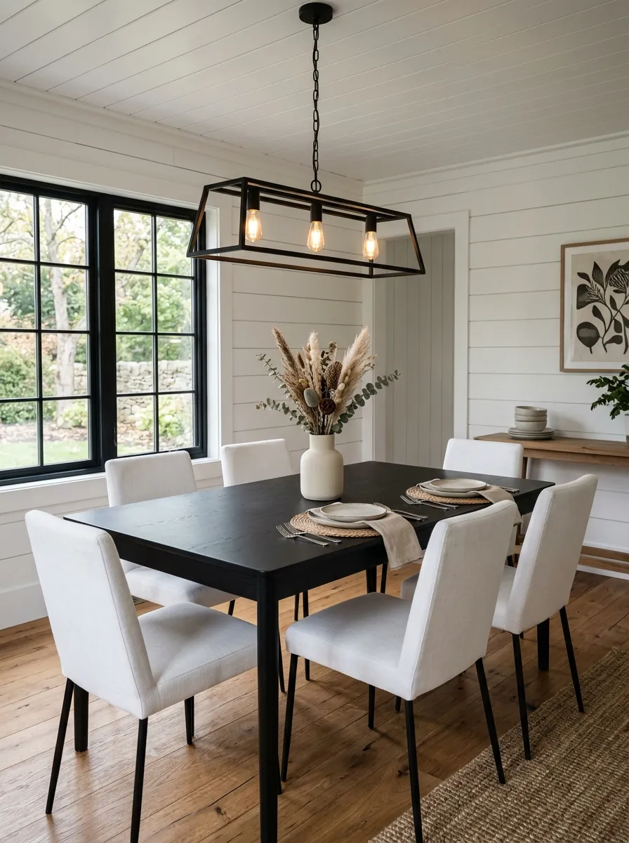 Modern farmhouse dining room with matte black table, white linen chairs, and black metal pendant light on shiplap walls