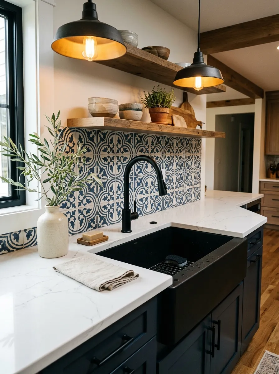 Bold matte black apron front sink with white quartz countertops and black hardware in a modern farmhouse kitchen