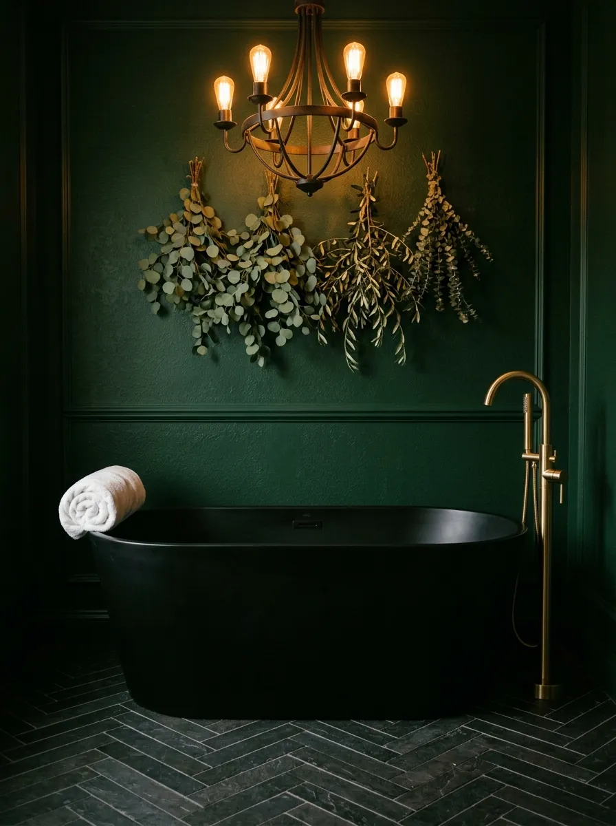 22 Dark Moody Bathroom Ideas for a Bold, Dramatic, and Surprisingly Cozy Modern Space 3 Matte black freestanding soaking tub against deep green wall with gold faucet in a dramatic dark bathroom design.
