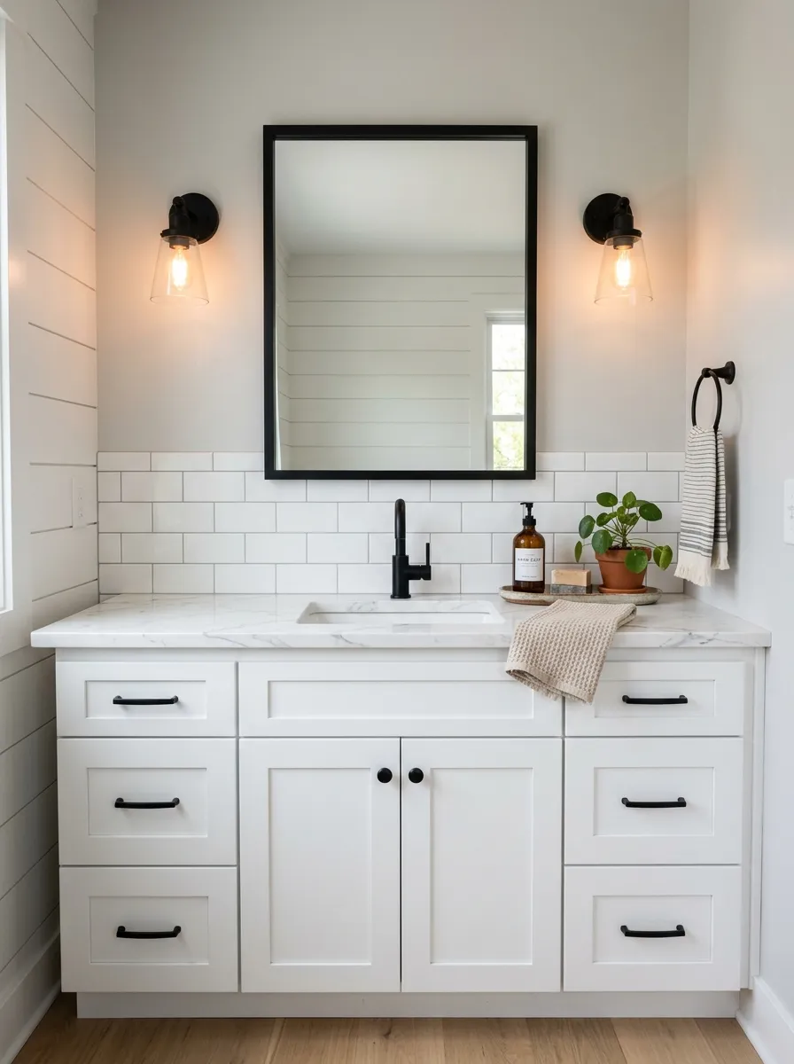 Matte black faucet, sconces, and cabinet pulls on a white shaker vanity in a modern farmhouse style bathroom