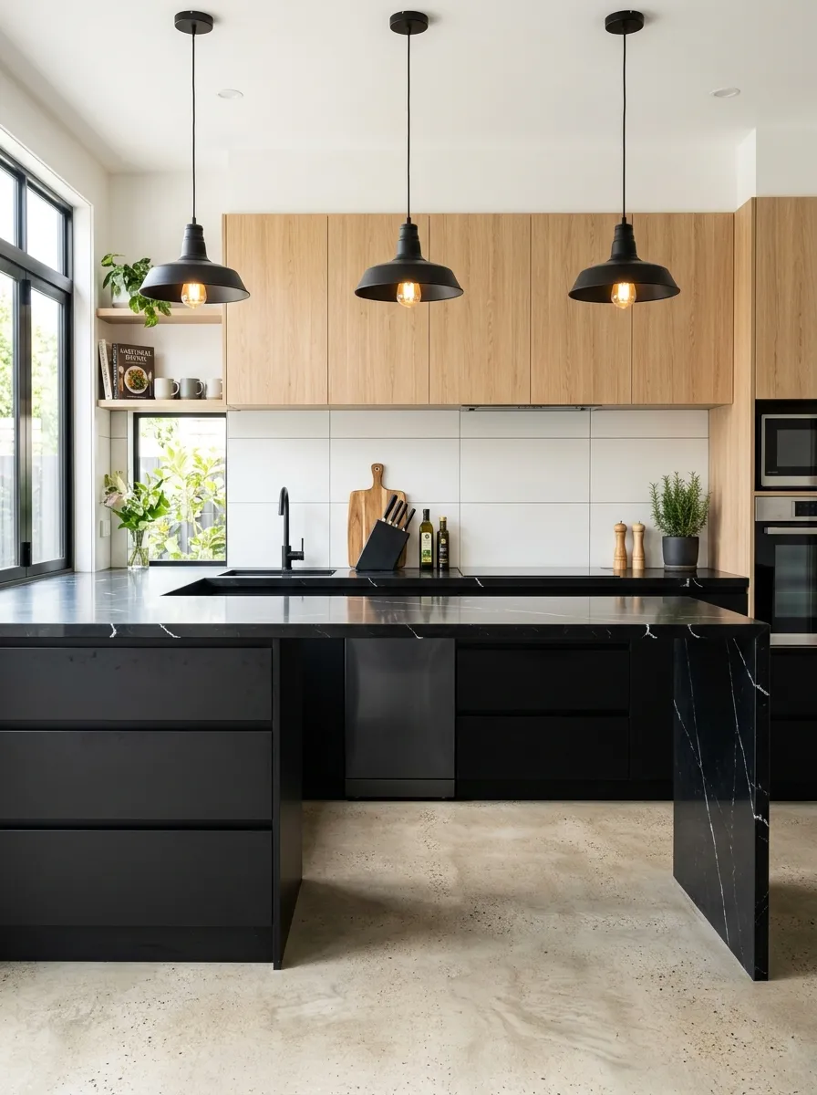 Matte black lower cabinets with light oak wood grain upper cabinets and black quartz countertop in a bold modern two tone kitchen cabinet