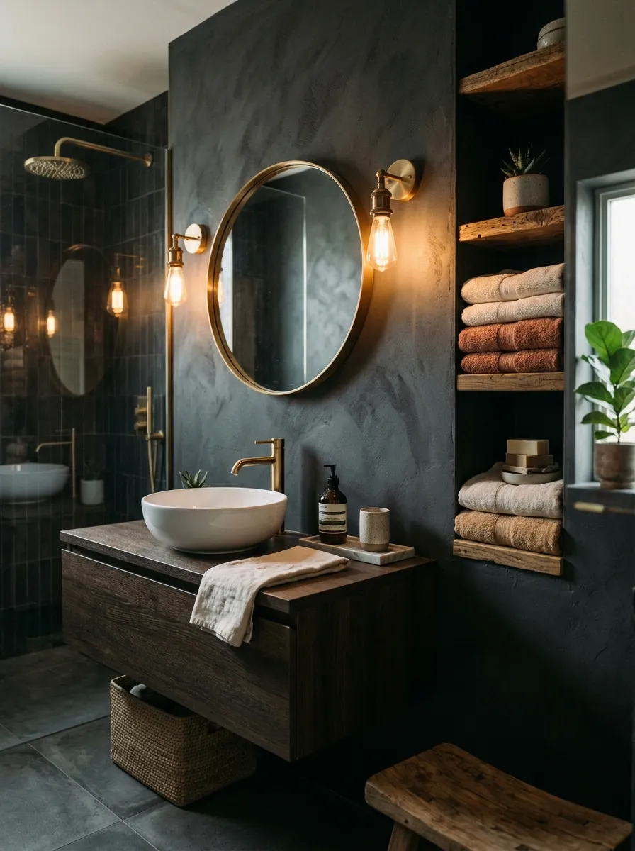 22 Dark Moody Bathroom Ideas for a Bold, Dramatic, and Surprisingly Cozy Modern Space 1 Matte charcoal bathroom walls with brass mirror and warm sconces creating a bold dark moody bathroom atmosphere.