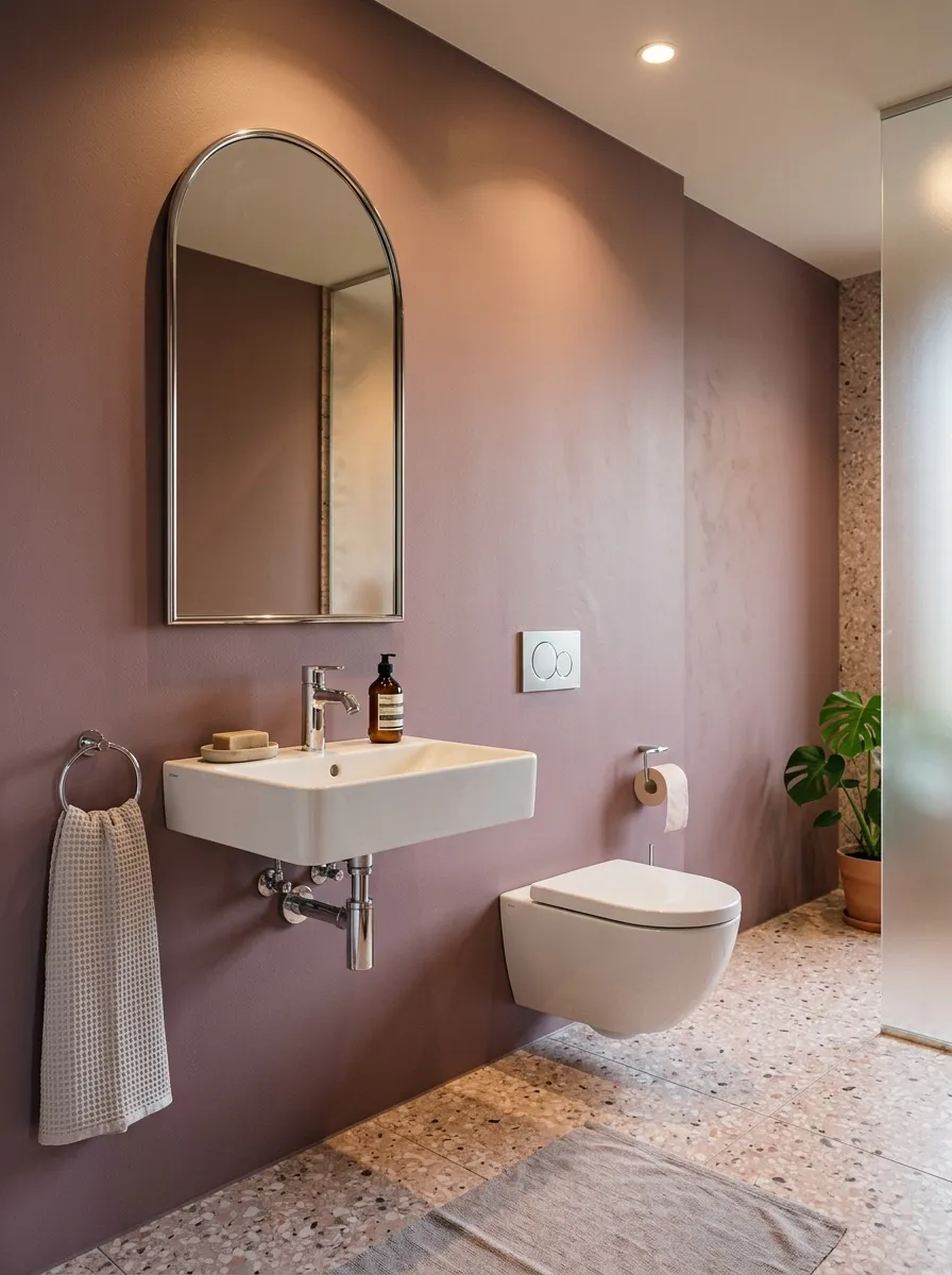 Mauve bathroom with pink terrazzo floor tiles, chrome fixtures, and arched mirror stylish pink bathroom decor