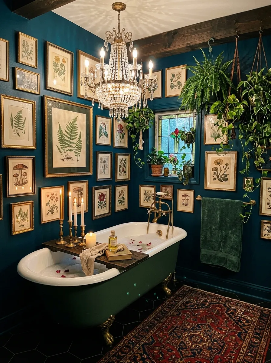 22 Dark Moody Bathroom Ideas for a Bold, Dramatic, and Surprisingly Cozy Modern Space 22 Jewel toned peacock blue bathroom with gallery wall, Persian rug, and crystal chandelier in a maximalist dark moody bathroom style.