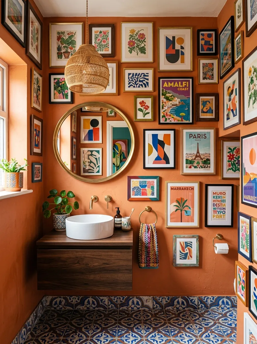 16 Half Bathroom Ideas That Maximize Style, Function, and Impact in a Small Space 14 Maximalist half bathroom with gallery wall of mixed frames on terracotta walls, brass mirror, vessel sink, and Moroccan tile floor
