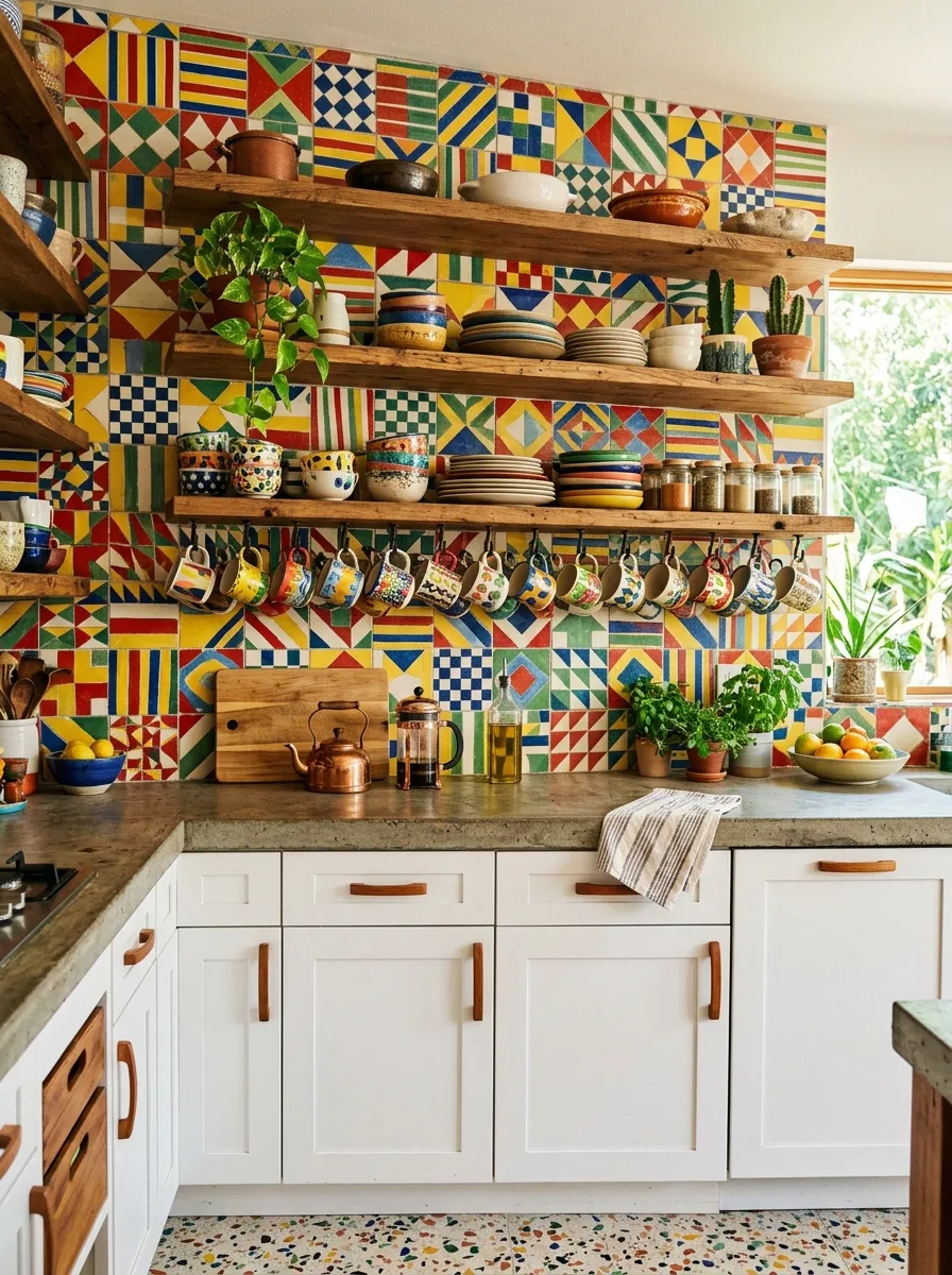 Maximalist kitchen with a multicolor handmade geometric tile backsplash, white cabinets, open shelves, and colorful ceramic mugs