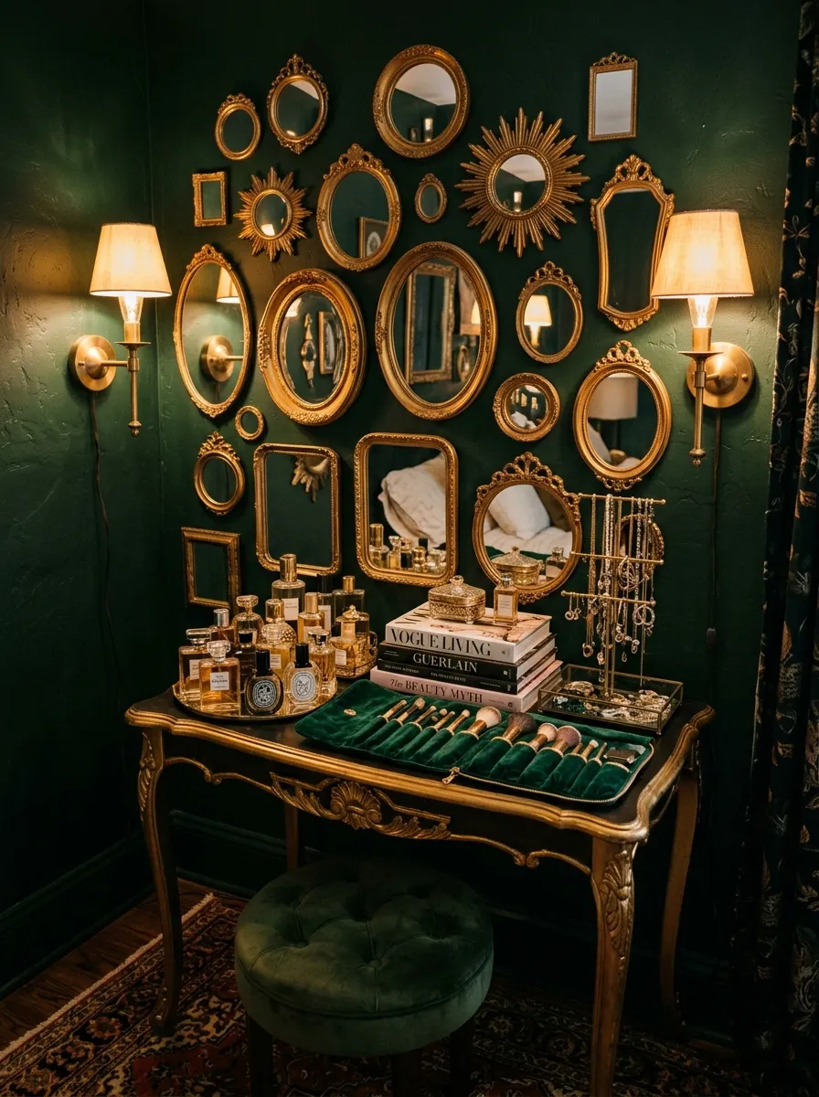 19 Small Bedroom Vanity Ideas to Create an Instagram Worthy Beauty Space With Style 19 Maximalist vanity gallery wall with mixed gold mirrors and ornate table in a dark green small bedroom