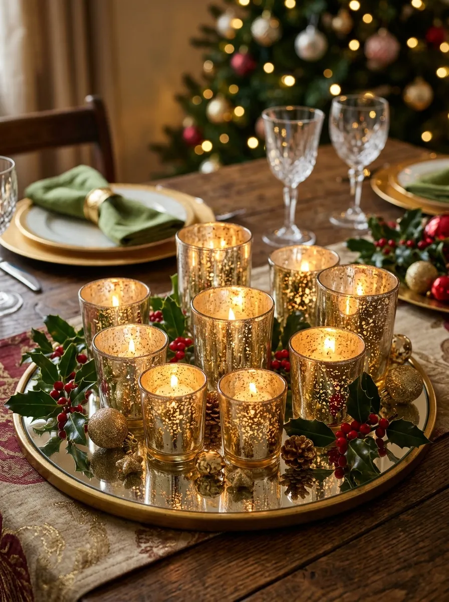 Collection of mercury glass votives with tea lights on a gold tray as glowing and gorgeous Christmas centerpiece ideas