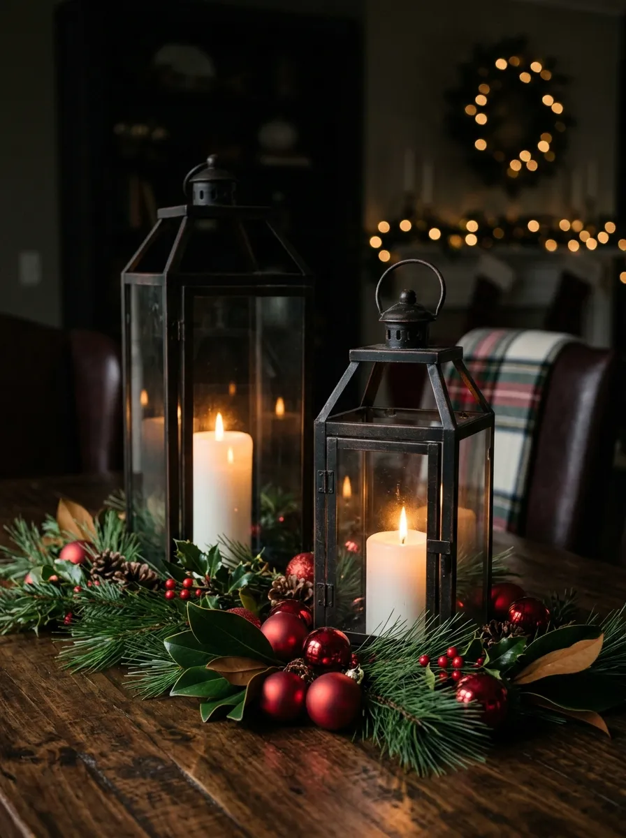 Two black metal lanterns with candles and pine greenery as dramatic and beautiful Christmas centerpiece ideas