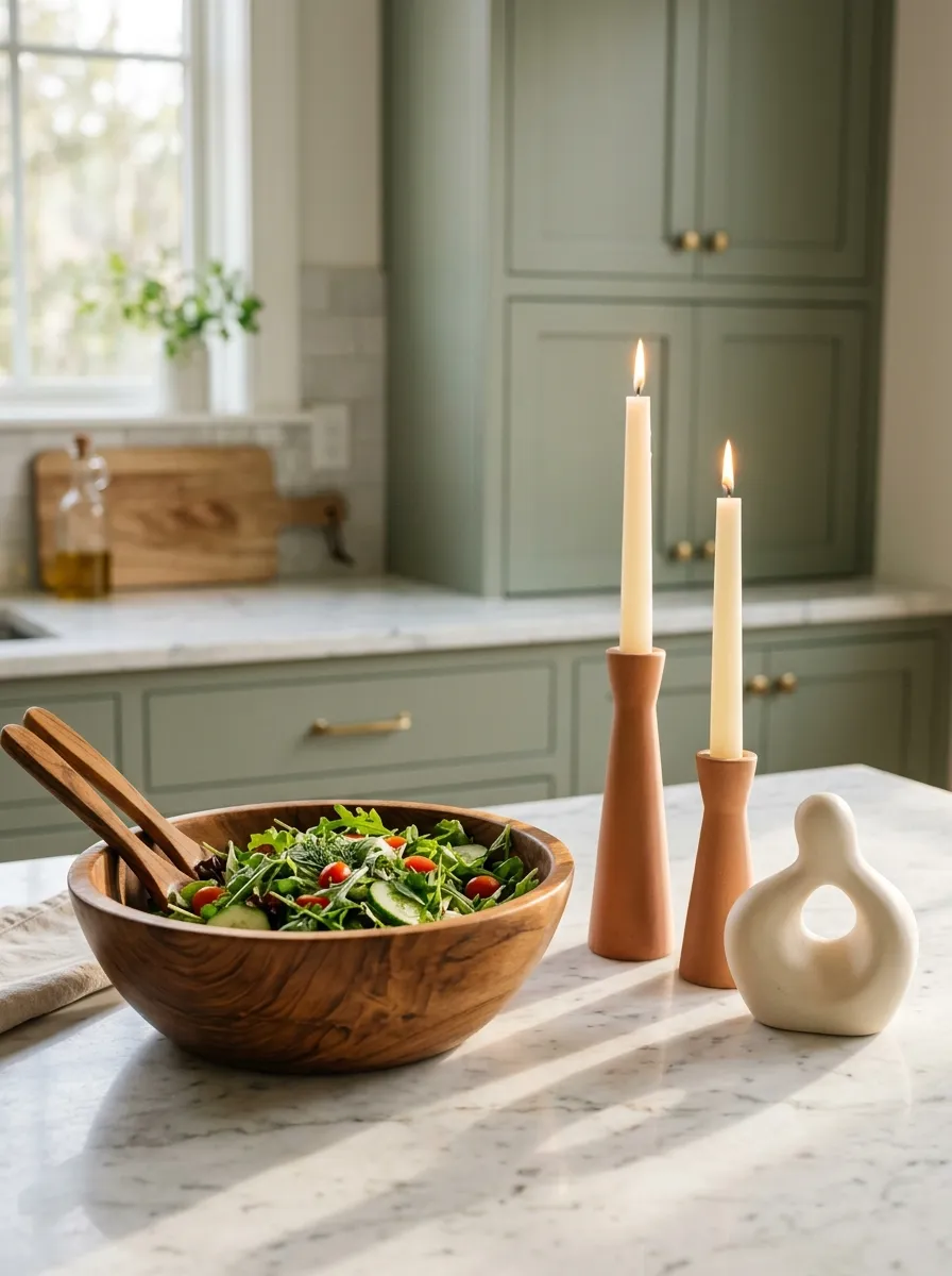 Teak bowl, terracotta candle holders, and cream ceramic sculpture on marble counter in a mid century retro kitchen