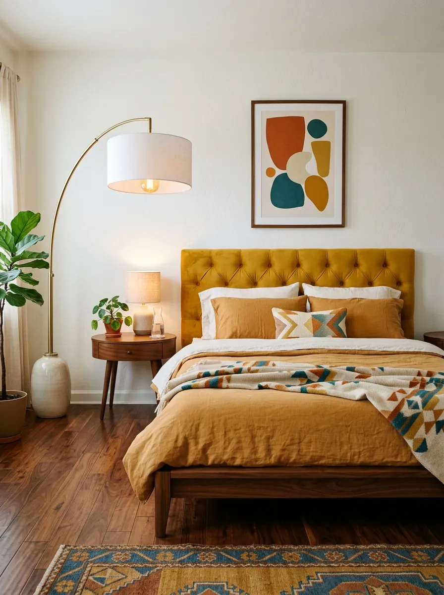 Mid century modern boutique bedroom with walnut platform bed, mustard headboard, and arc floor lamp for a retro warm confident designer look