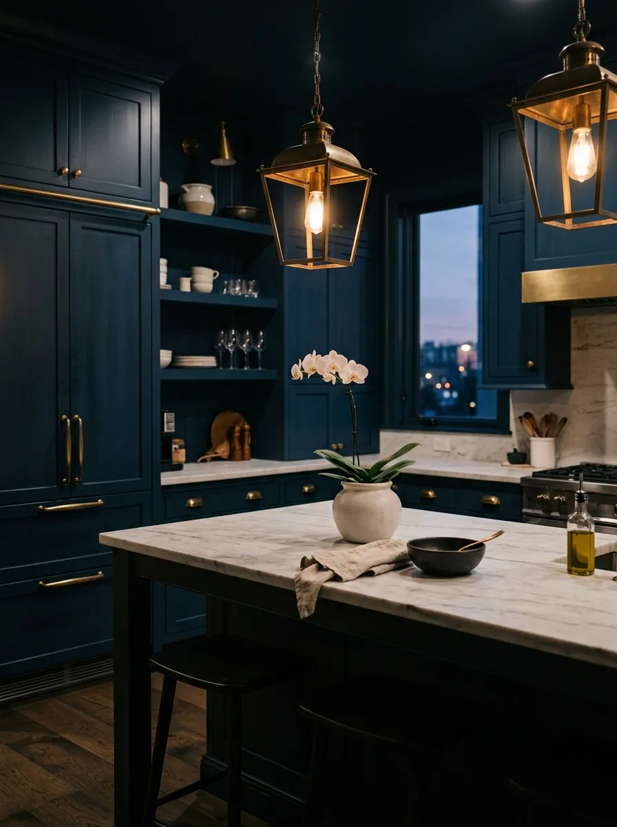 Midnight blue floor to ceiling cabinets with aged brass hardware, white marble countertop, and a brass pendant in a moody sophisticated kitchen