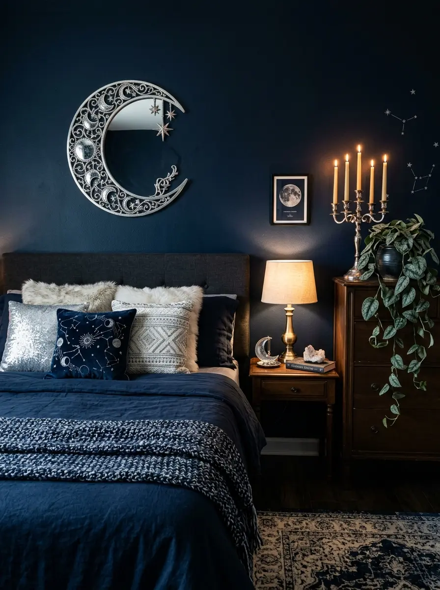 20 Dark Boho Bedroom Ideas That Embrace Moody Colors, Cozy Textures, and Relaxing Nighttime Style 18 A dark Boho bedroom with midnight navy walls, silver moon mirror, celestial accents, and layered navy and ivory bedding