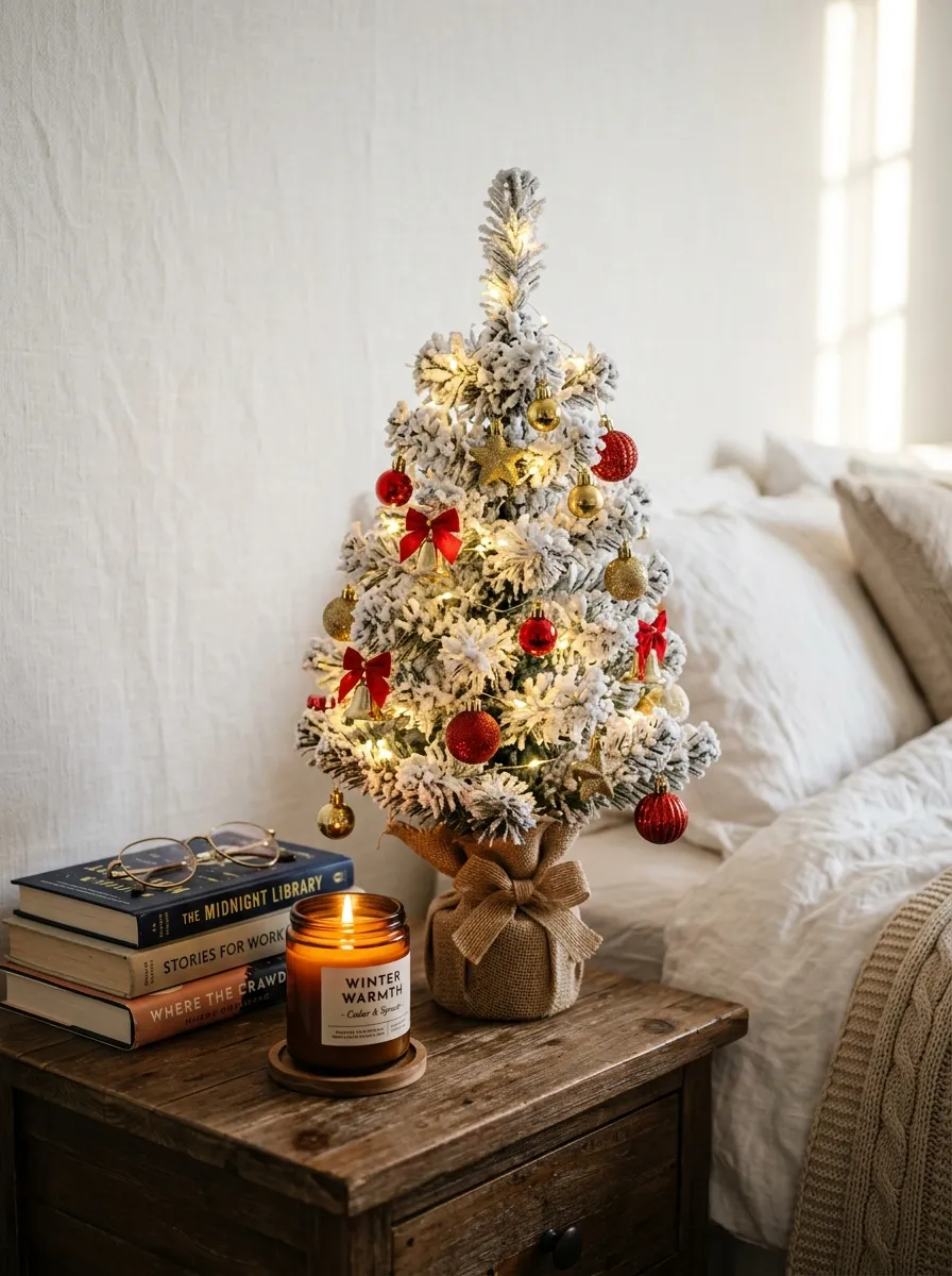 21 Christmas Bedroom Ideas That Make Your Space Feel Magical, Cozy, and Full of Holiday Charm 4 A small flocked Christmas tree decorated with gold ornaments on a bedroom nightstand creating a cozy festive bedroom design accent.