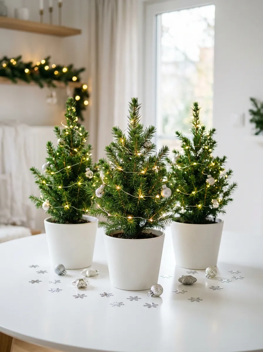 Three small potted Christmas trees with fairy lights as charming and elegant holiday table centerpieces